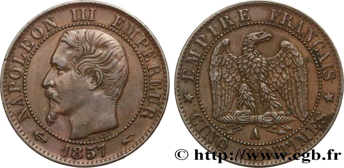 Cinq centimes Napoléon III, tête nue 1857 Paris F.116/37 AU50 