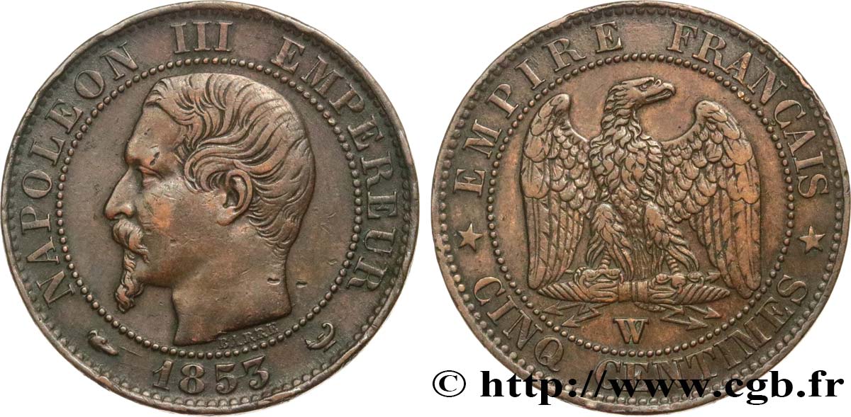 Cinq centimes Napoléon III, tête nue 1853 Lille F.116/7 XF45 