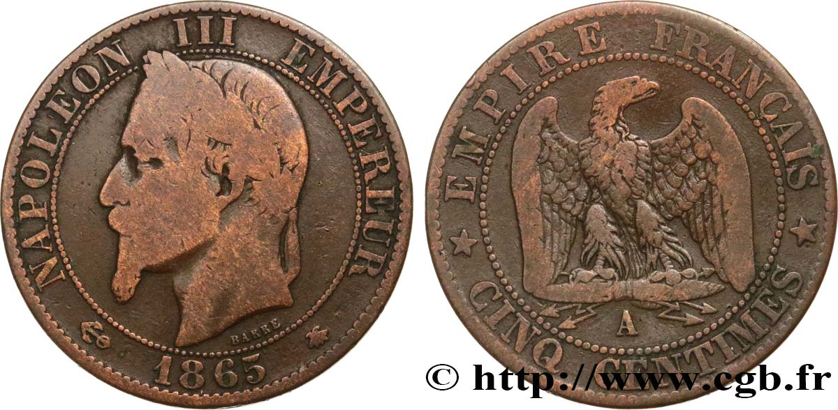 Cinq centimes Napoléon III, tête laurée 1865 Paris F.117/16 F12 