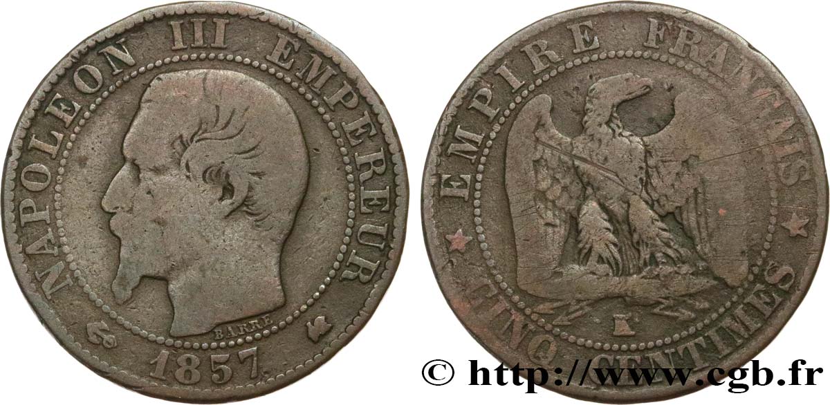 Cinq centimes Napoléon III, tête nue 1857 Bordeaux F.116/41 VG 