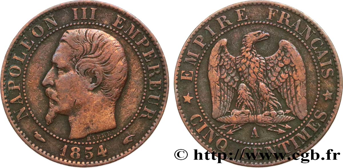 Cinq centimes Napoléon III, tête nue 1854 Paris F.116/8 TB+