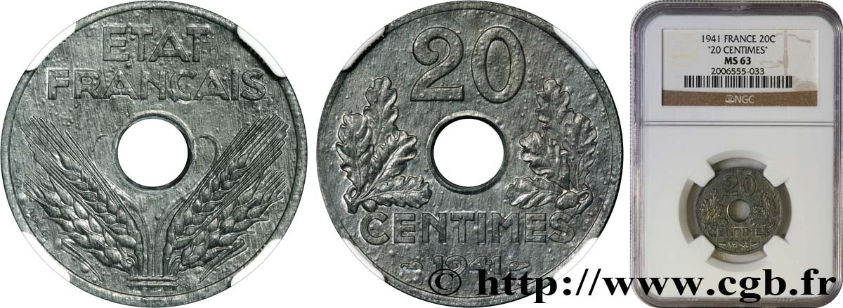 20 centimes État français, lourde 1941  F.153/2 SPL63 NGC