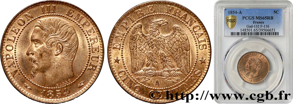 Cinq centimes Napoléon III, tête nue 1854 Paris F.116/8 ST65 PCGS