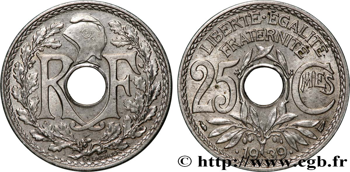 25 centimes Lindauer, maillechort 1939  F.172/3 MS62 
