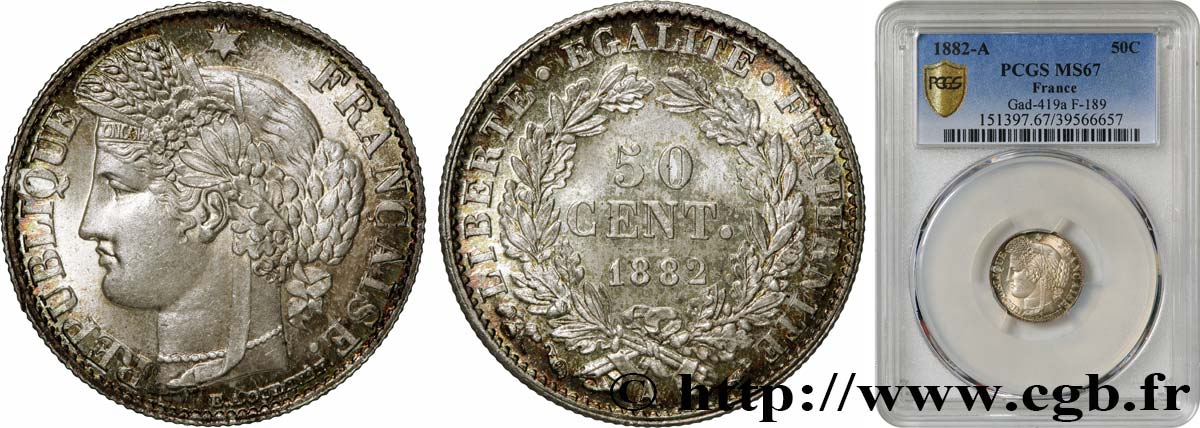 50 centimes Cérès, IIIe République 1882 Paris F.189/10 MS67 PCGS