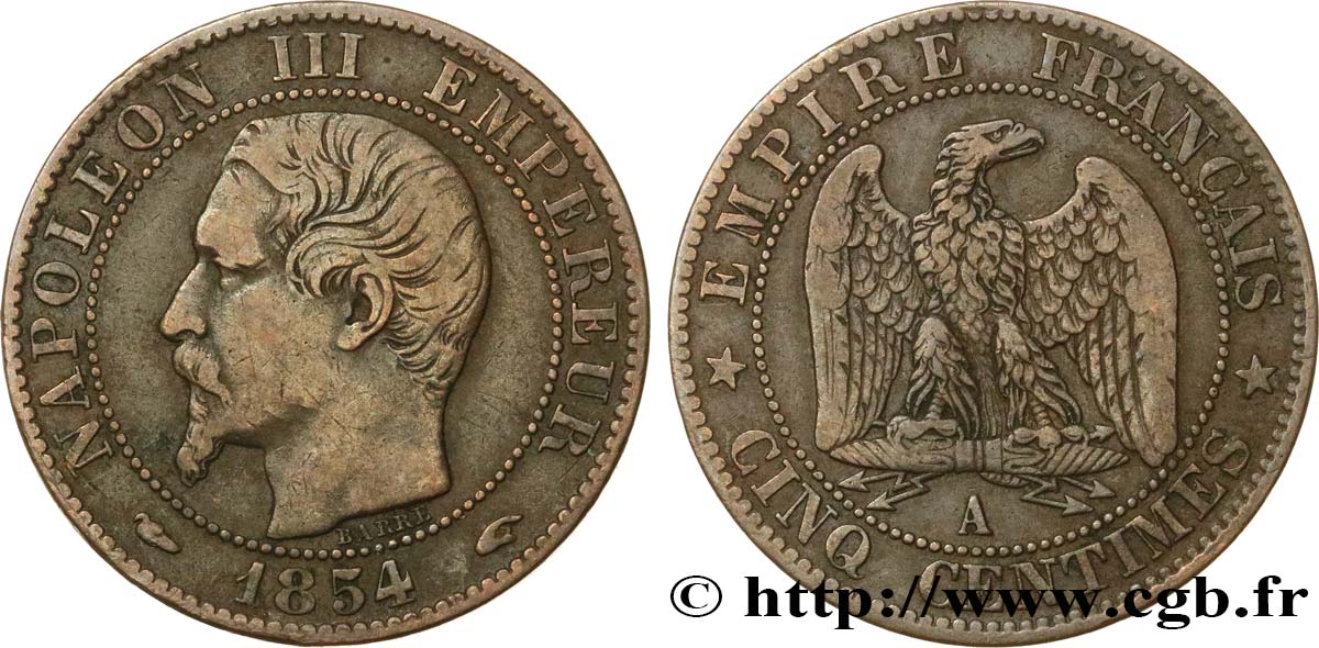 Cinq centimes Napoléon III, tête nue 1854 Paris F.116/8 TB25