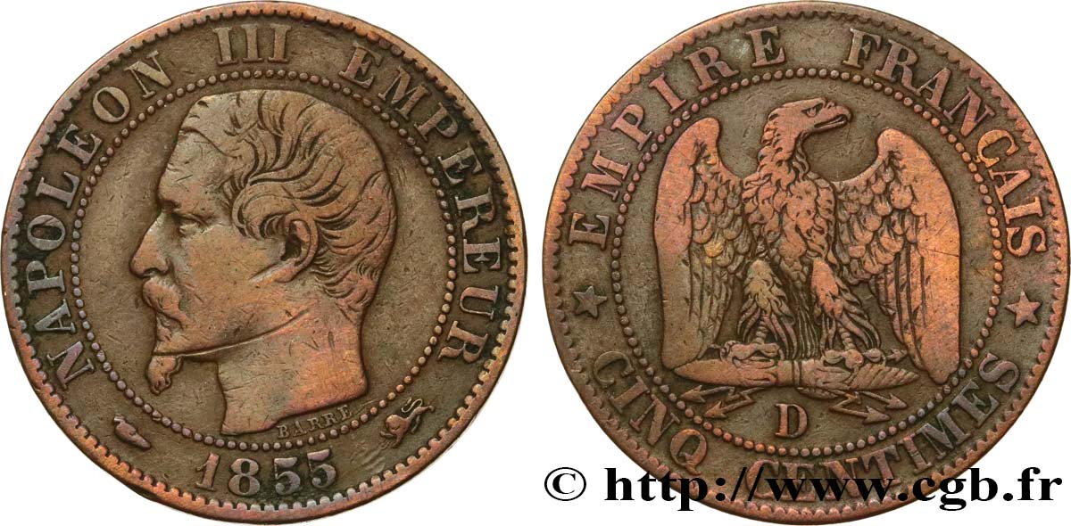 Cinq centimes Napoléon III, tête nue 1855 Lyon F.116/22 TB 