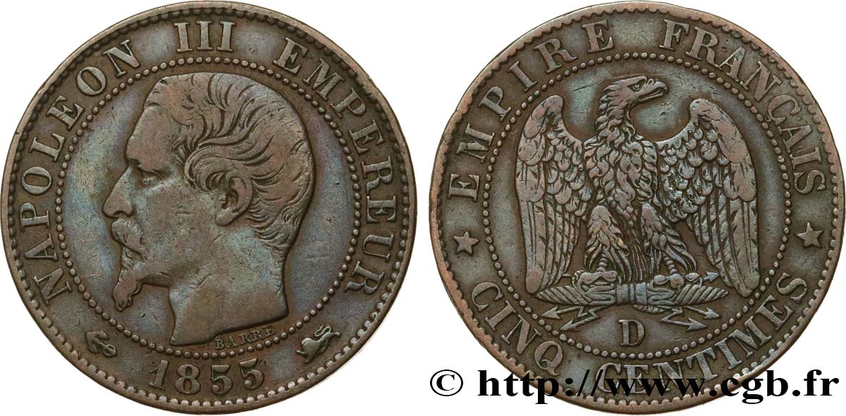 Cinq centimes Napoléon III, tête nue 1855 Lyon F.116/23 MB35 