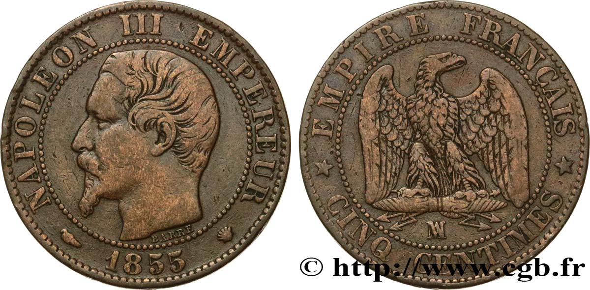 Cinq centimes Napoléon III, tête nue 1855 Marseille F.116/26 MB30