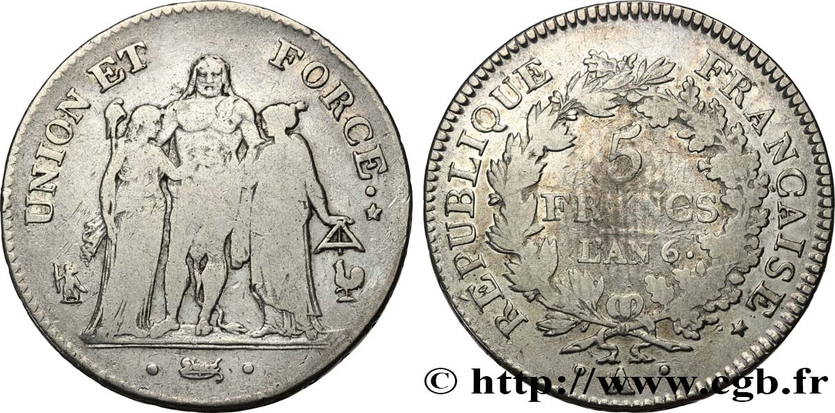 5 francs Union et Force, Union serré, gland intérieur haut, gland extérieur, petite feuille 1798 Paris F.288/35 B12 