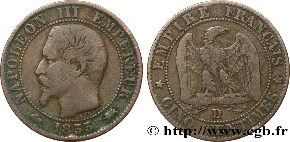Cinq centimes Napoléon III, tête nue 1855 Lyon F.116/23 VF20 