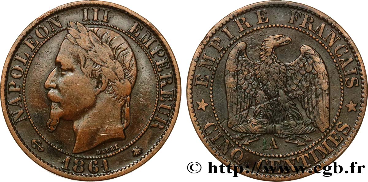 Cinq centimes Napoléon III, tête laurée 1861 Paris F.117/4 VF 