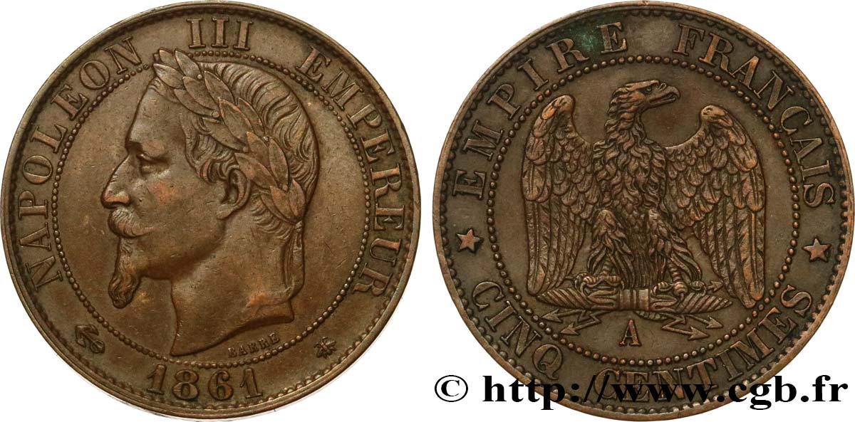 Cinq centimes Napoléon III, tête laurée 1861 Paris F.117/4 XF45 