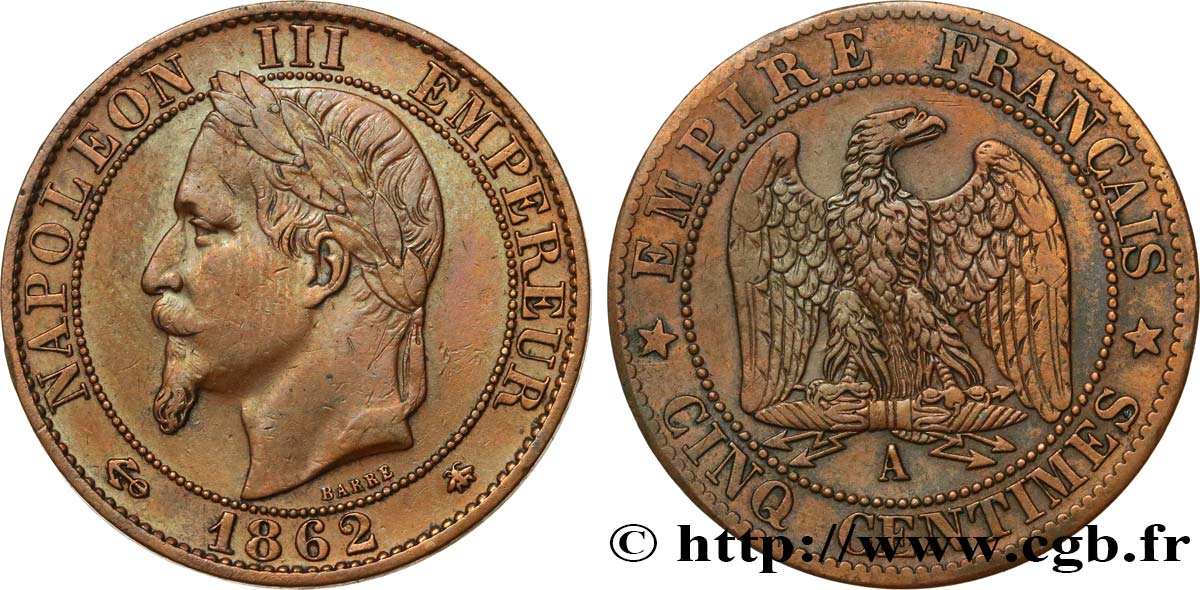 Cinq centimes Napoléon III, tête laurée 1862 Paris F.117/7 VF 