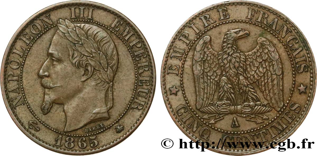 Cinq centimes Napoléon III, tête laurée 1865 Paris F.117/16 BB45