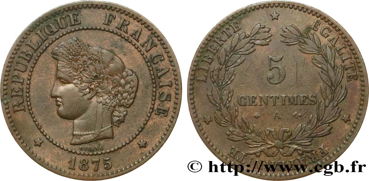 5 centimes Cérès 1875 Paris F.118/11 XF40 