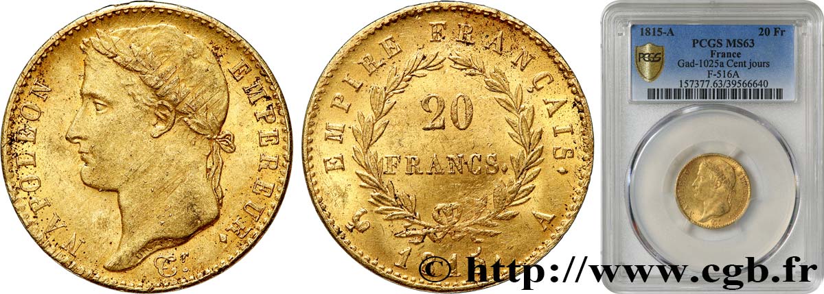 20 francs or Napoléon tête laurée, Cent-Jours 1815 Paris F.516A/1 fST63 PCGS