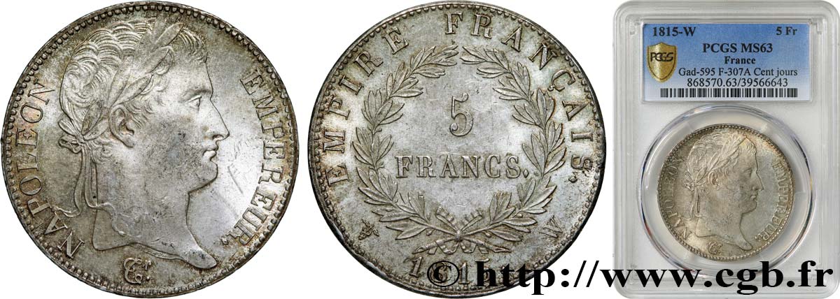 5 francs Napoléon Empereur, Cent-Jours 1815 Lille F.307A/9 MS63 PCGS