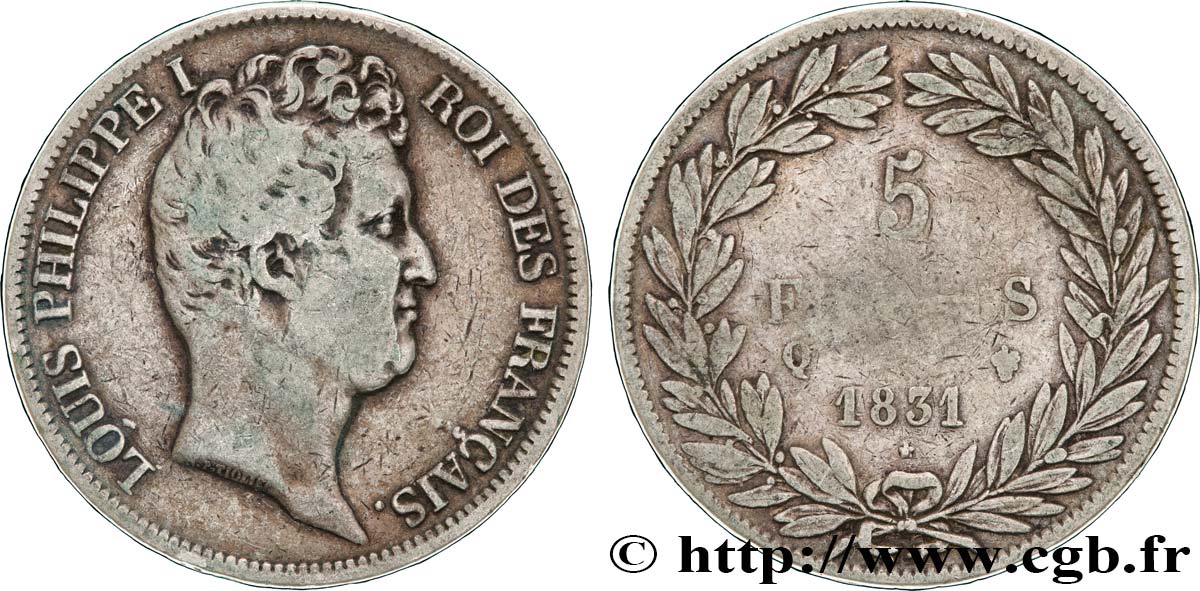 5 francs type Tiolier avec le I, tranche en creux 1831 Perpignan F.315/25 MB25 