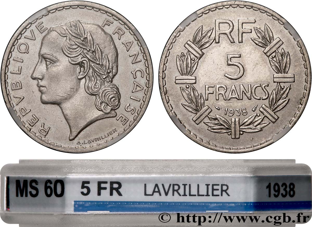 5 francs Lavrillier, nickel 1938  F.336/7 SUP60 GENI