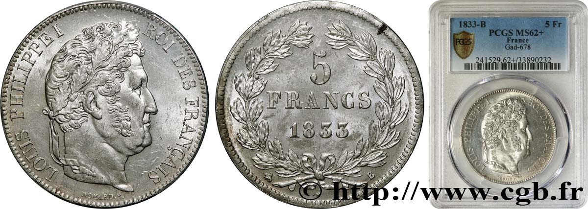 5 francs IIe type Domard 1833 Rouen F.324/15 SUP62 PCGS