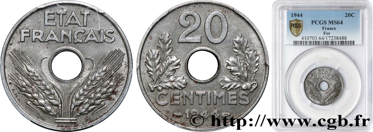 20 centimes fer 1944  F.154/3 SPL64 PCGS