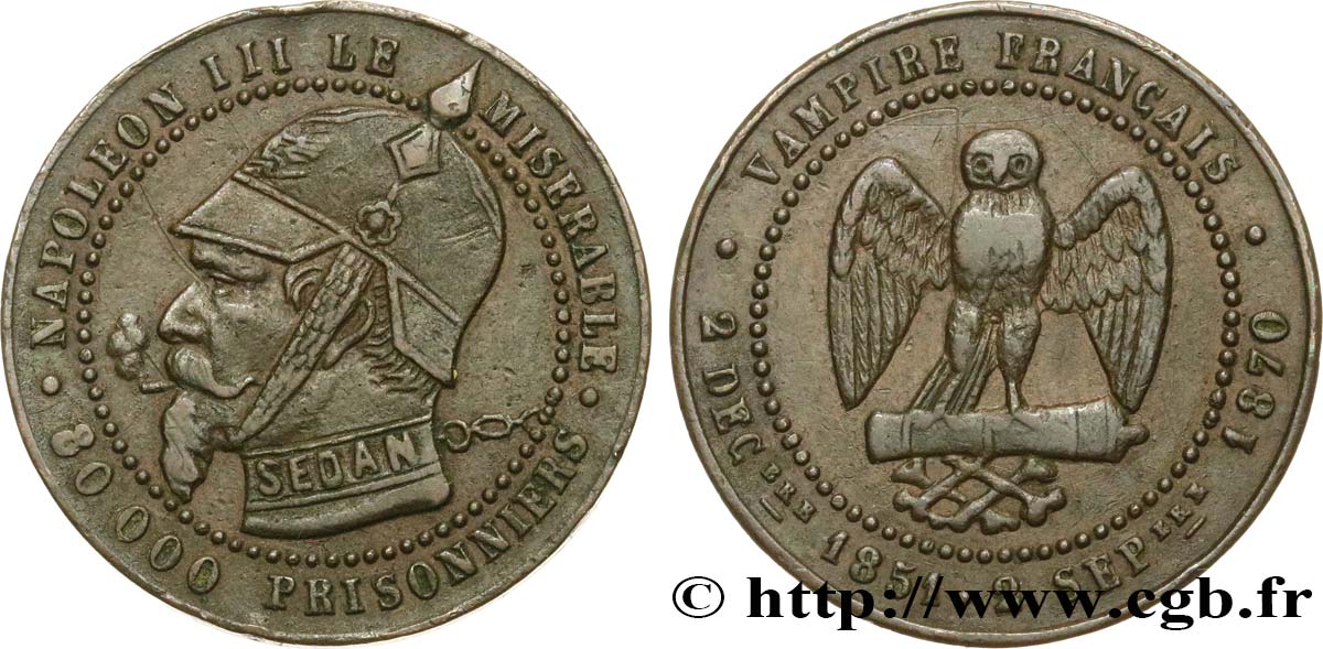 Médaille satirique Cu 25, module de Cinq centimes, type B “Os et Cigarette” 1870  Schw.B3c  XF 