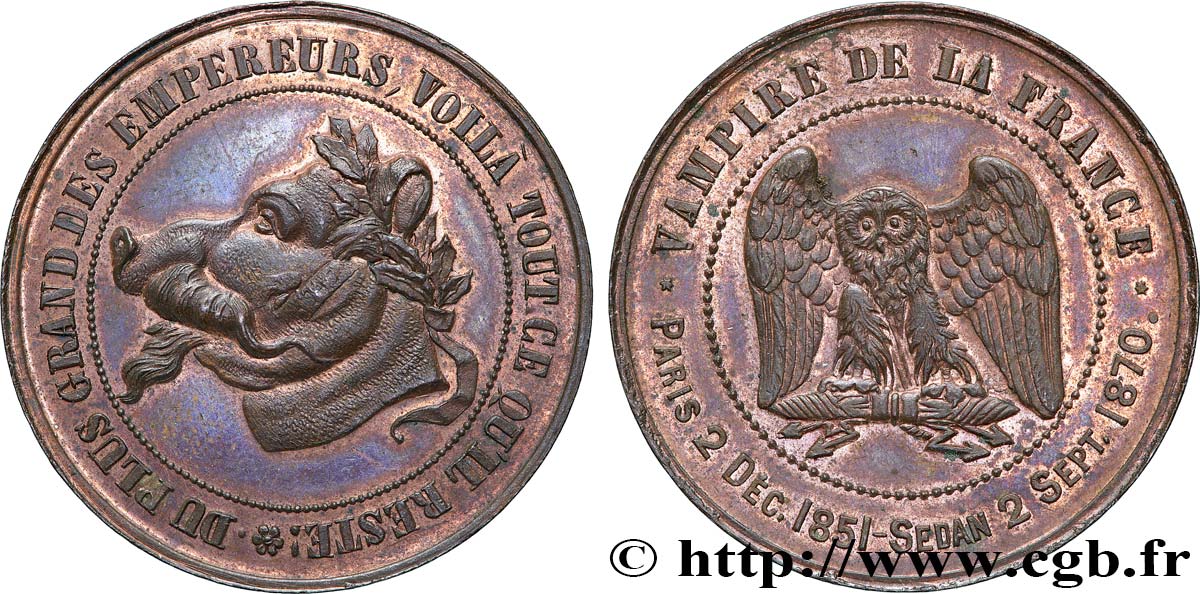 Monnaie satirique, module de 10 centimes à la tête de cochon 1870  Coll.41  MS64 