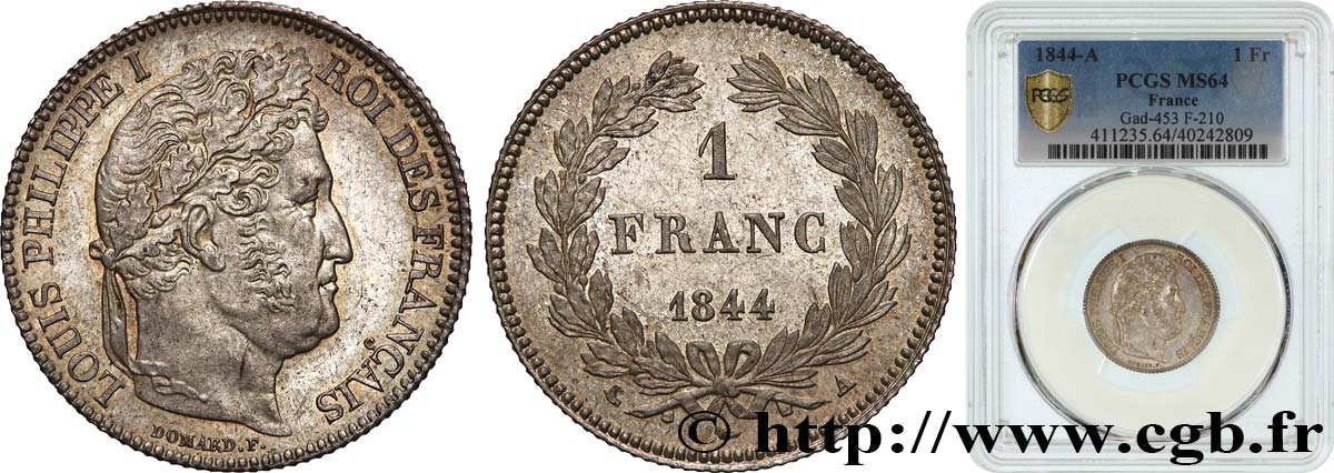 1 franc Louis-Philippe, couronne de chêne 1844 Paris F.210/95 MS64 PCGS