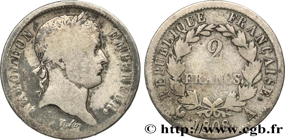 2 francs Napoléon Ier tête laurée, République française 1808 Paris F.254/4 F12 
