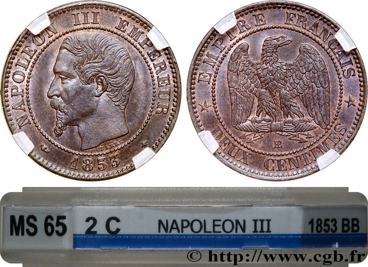 Deux centimes Napoléon III, tête nue 1853 Strasbourg F.107/3 FDC65 GENI