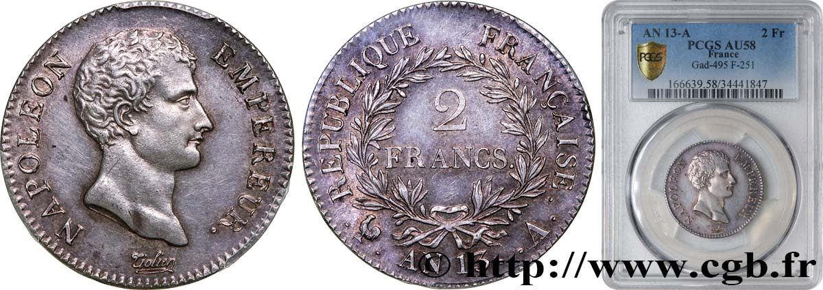 2 francs Napoléon Empereur, Calendrier révolutionnaire 1805 Paris F.251/12 EBC58 PCGS