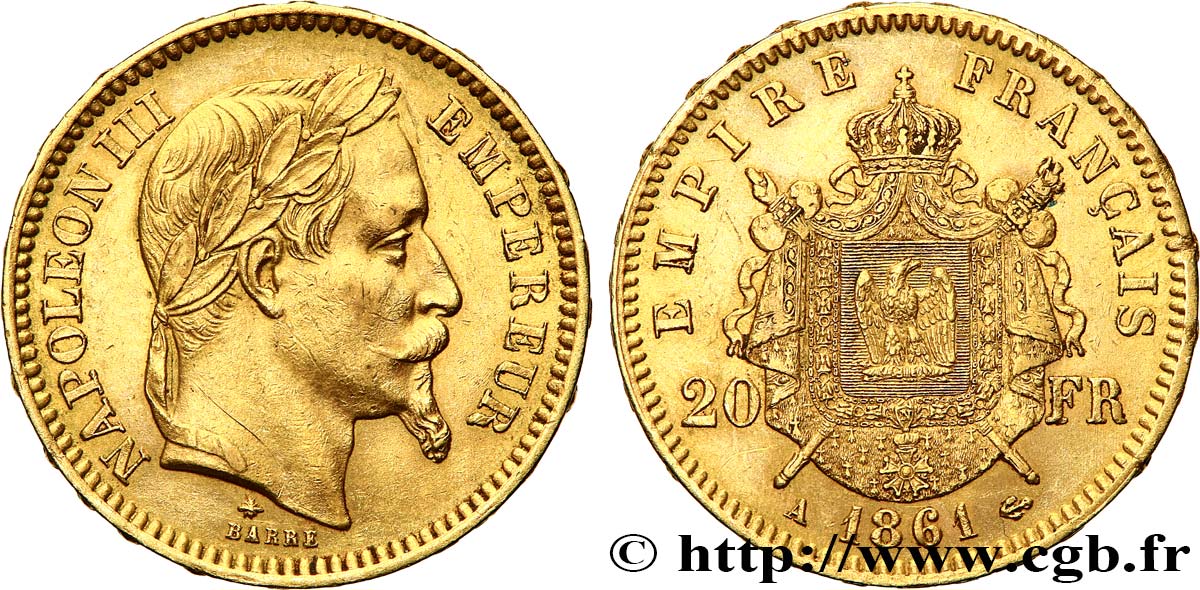 20 francs or Napoléon III, tête laurée 1861 Paris F.532/1 TTB50