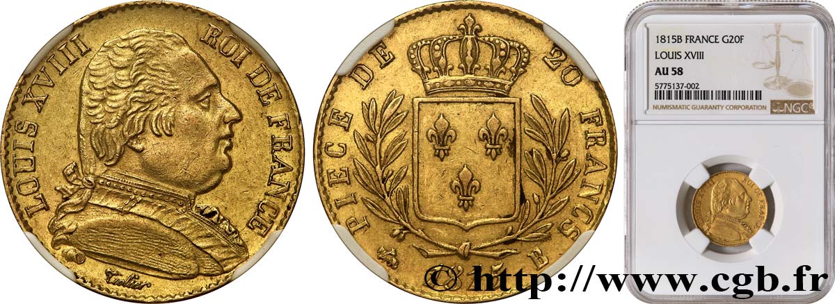 20 francs or Louis XVIII, buste habillé 1815 Rouen F.517/11 SPL58 NGC