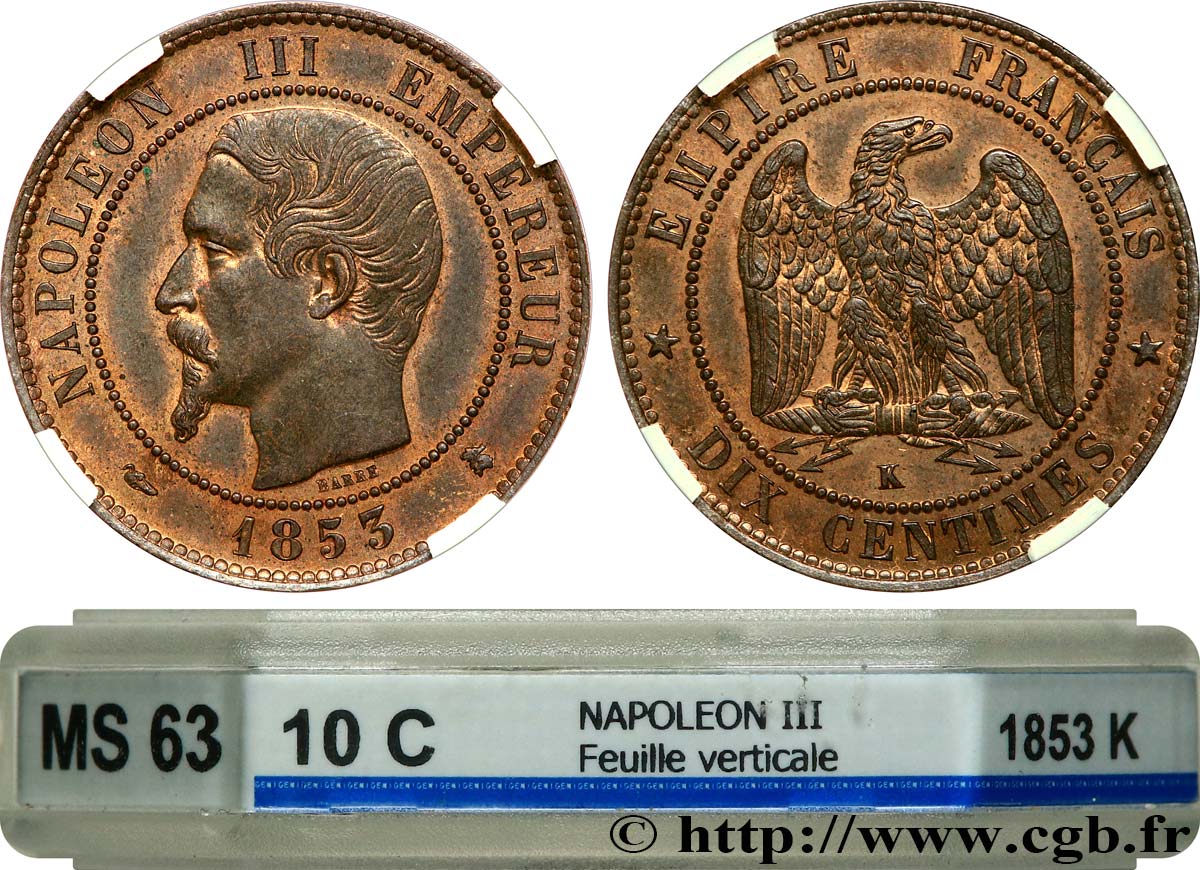 Dix centimes Napoléon III, tête nue 1853 Bordeaux F.133/6 SPL63 GENI