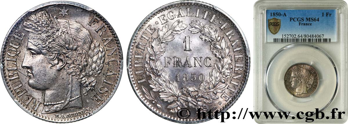 1 franc Cérès, IIe République, différent oreille basse 1850 Paris F.211/5 SPL64 PCGS