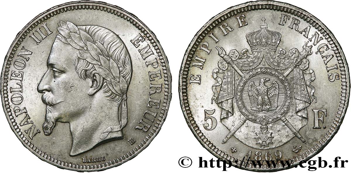 5 francs Napoléon III, tête laurée 1869 Strasbourg F.331/15 SPL58 