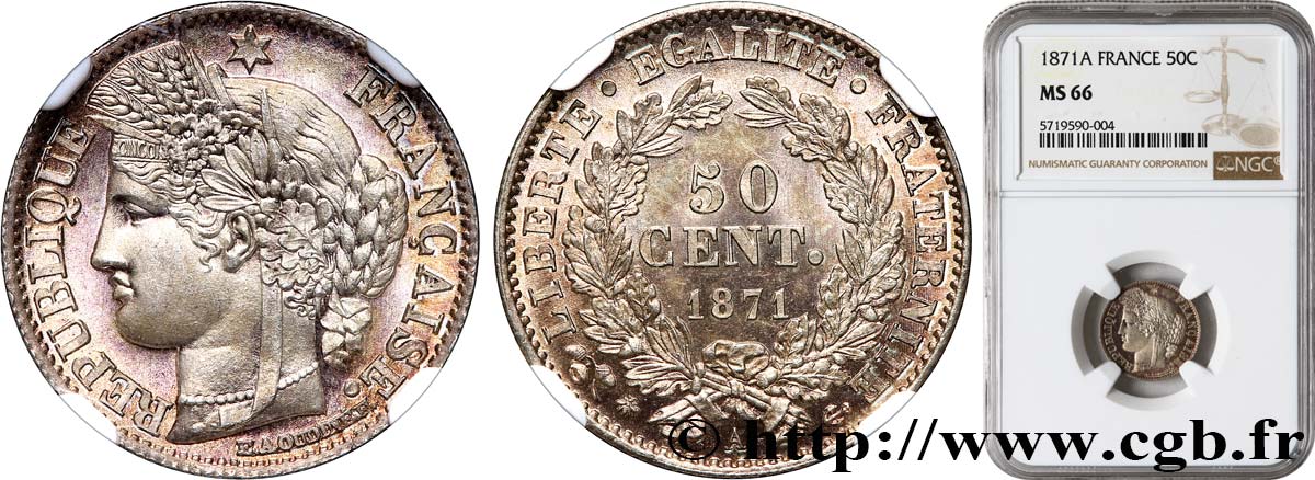 50 centimes Cérès, IIIe République 1871 Paris F.189/1 MS66 NGC
