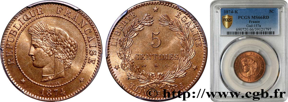 5 centimes Cérès 1874 Bordeaux F.118/10 MS66 PCGS