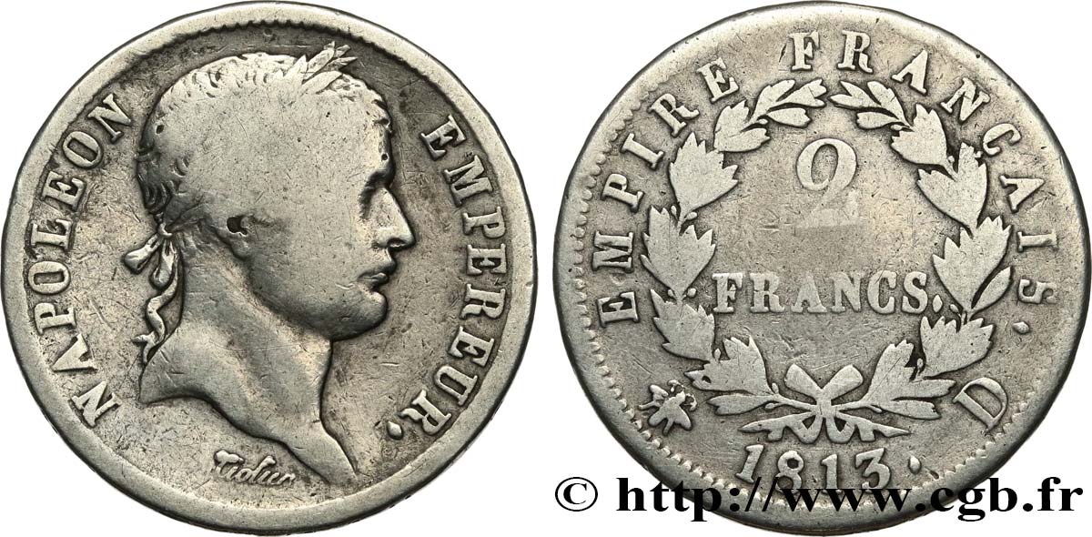 2 francs Napoléon Ier tête laurée, Empire français 1813 Lyon F.255/55 F15 