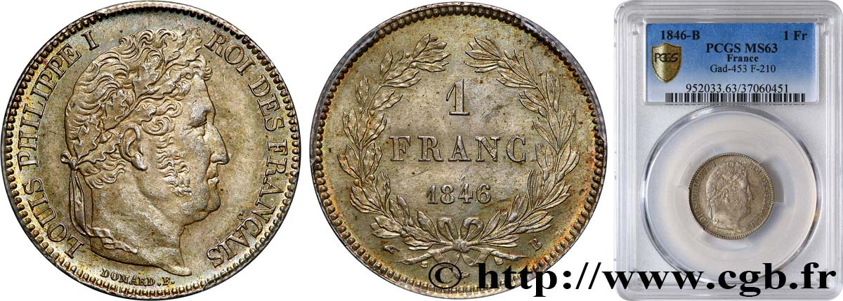 1 franc Louis-Philippe, couronne de chêne 1846 Rouen F.210/106 MS63 PCGS