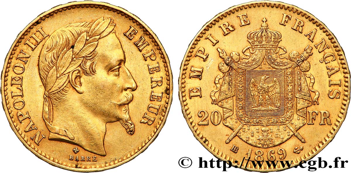 20 francs or Napoléon III, tête laurée, petit BB 1869 Strasbourg F.532/21 AU53 