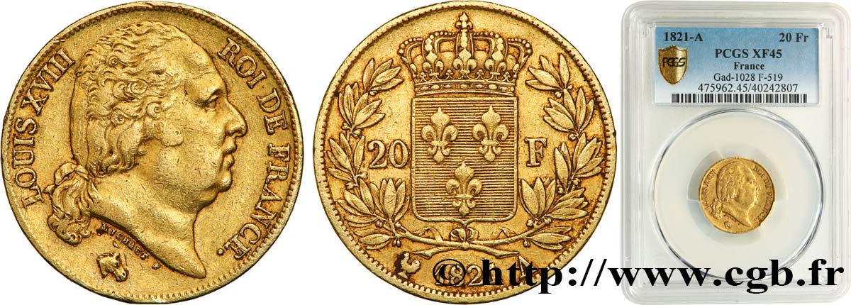 20 francs or Louis XVIII, tête nue 1821 Paris F.519/24 XF45 PCGS