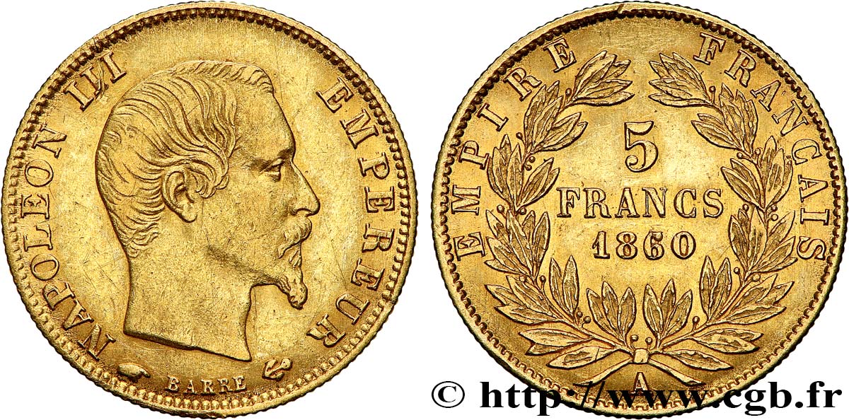 5 francs or Napoléon III, tête nue, grand module 1860 Paris F.501/9 q.SPL 