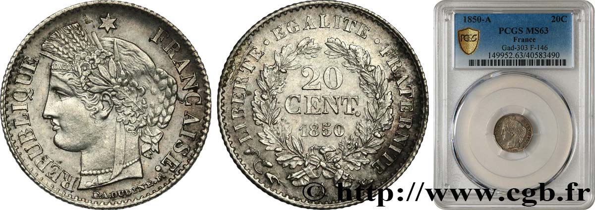 20 centimes Cérès, IIe République 1850 Paris F.146/2 SC63 PCGS