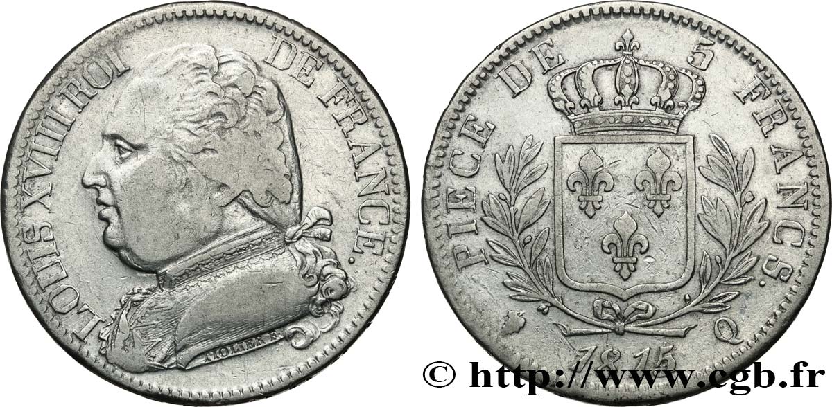 5 francs Louis XVIII, buste habillé 1815 Perpignan F.308/29 BC+ 