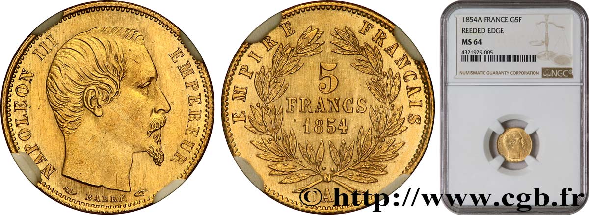 5 francs or Napoléon III, tête nue, petit module, tranche cannelée 1854 Paris F.500A/1 MS64 NGC
