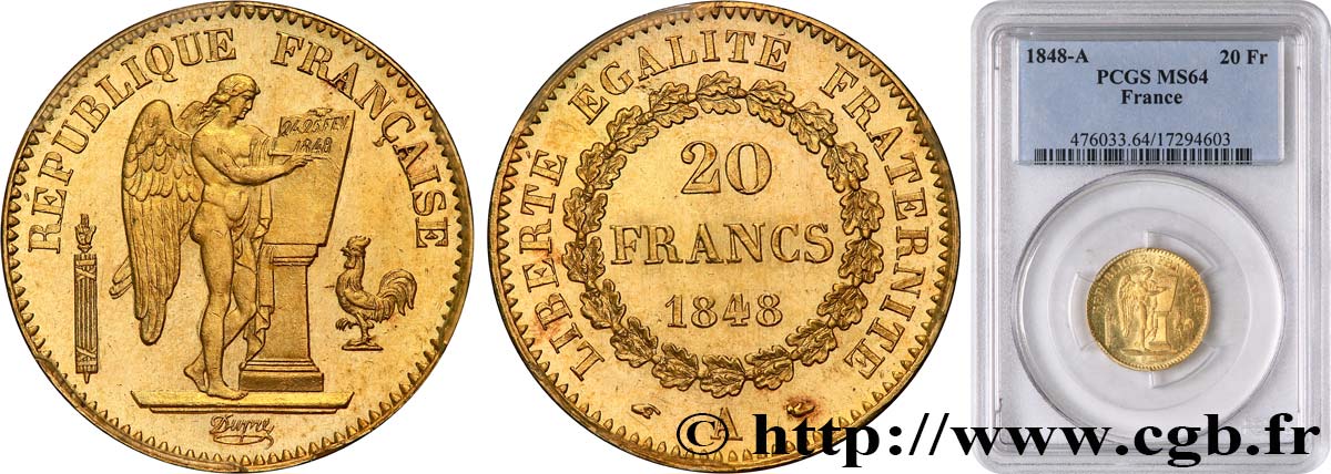 20 francs or Génie, IIe République 1848 Paris F.528/1 MS64 PCGS