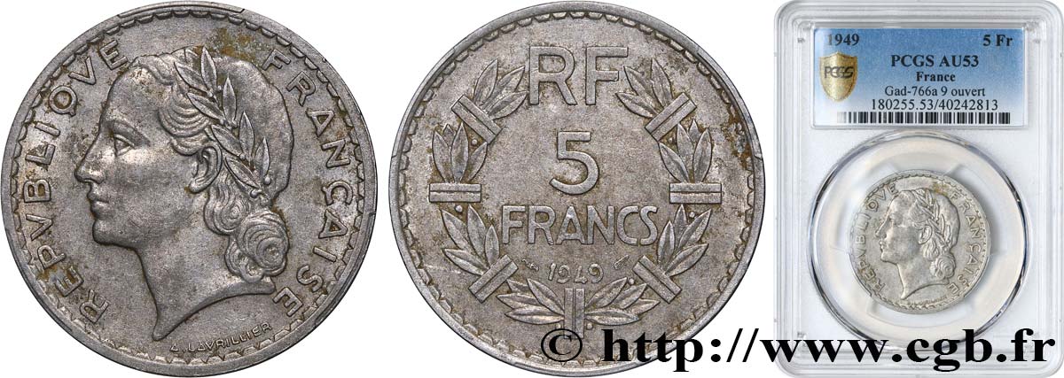 5 francs Lavrillier aluminium, 9 ouvert 1949  F.339/18 SS53 PCGS