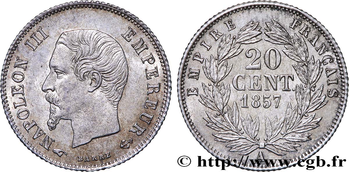 20 centimes Napoléon III, tête nue, Grands Différents 1857 Paris F.148/9 MS63 
